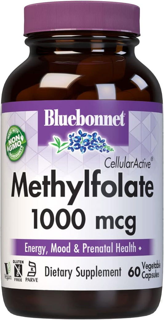 Bluebonnet Nutrition CellularActive Methylfolate 1000 mcg – Formulated with Quatrefolic - for Energy, Mood, and Prenatal Health - Vegan, Gluten-Free, Non-GMO, and Kosher – 60 Capsules – 60 Servings