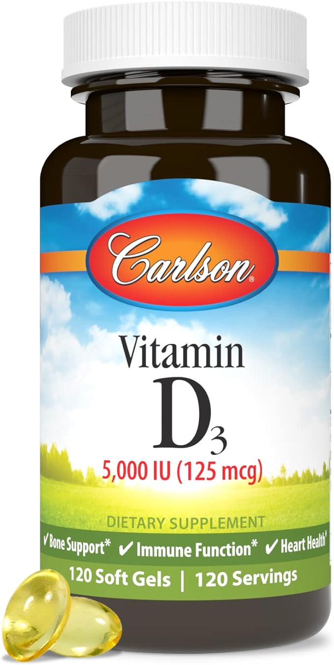 Carlson - Vitamin D3 5000 IU (125 mcg), Bone Health, Muscle Health, Cholecalciferol, Vitamin D Supplements, Vitamin D3 Soft Gels, 120 Softgels