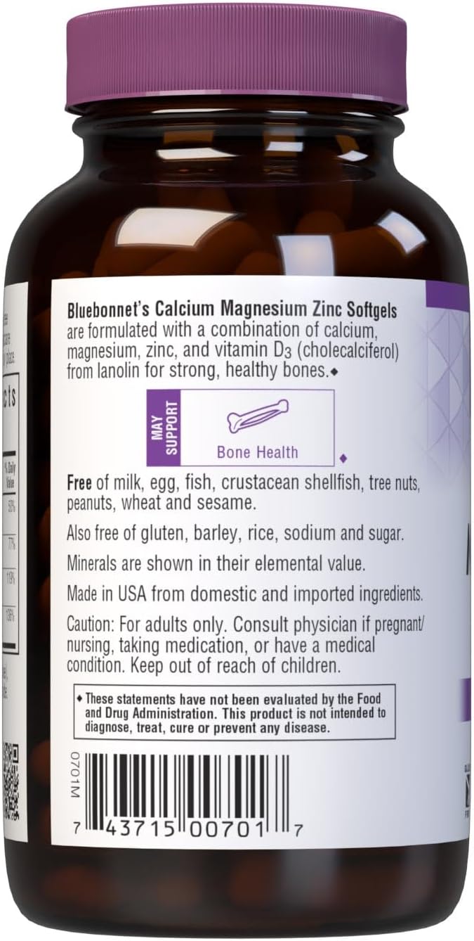 Bluebonnet Nutrition Calcium Magnesium Zinc Plus Vitamin D3, 1000 mg of Calcium, 500 mg of Magnesium and 15 mg of Zinc, 400IU Vitamin D3, For Strong Healthy Bones*, Gluten-Free, Dairy-Fee, 120 softgel