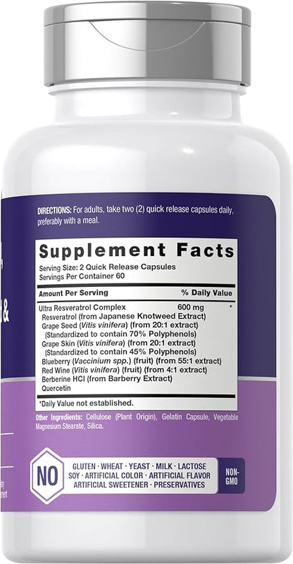 Horbäach Resveratrol Berberine Grape Seed & Quercetin | with Blueberry & Red Wine Extract | 120 Capsules | Non-GMO, Gluten Free Supplement