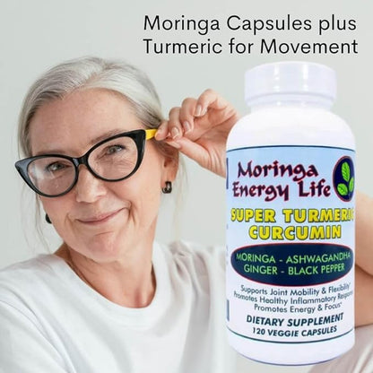 Moringa Super Turmeric Capsules 120, Natural Superfood Supplement for Moringa Oleifera Leaf, Curcumin, Black Pepper, Ashwagandha, Ginger. Gluten-Free, Vegan