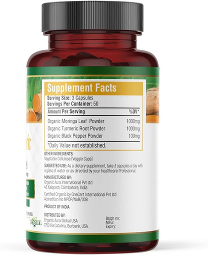 Moringa Turmeric Curcumin Capsule. 150 Veg. Whole Green Superfood. Natural Essential Nutrition - Energy, Stamina, Metabolism, Immunity and Endurance. Non GMO and Gluten Free.