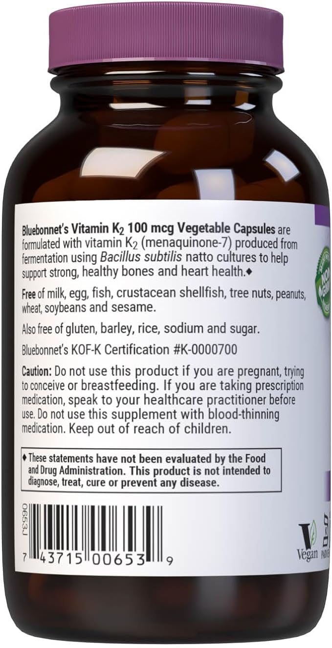 Bluebonnet Vitamin K2 Vegetarian Capsules, 100 Count