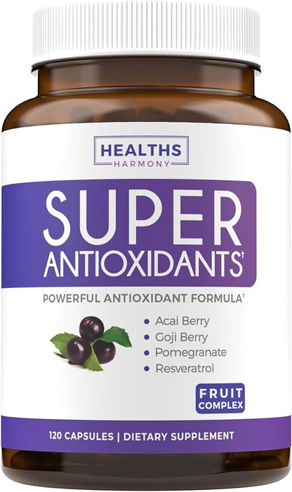 Super Antioxidants Supplement - Powerful Super Food Antioxidant Daily Blend - Acai Berry, Goji, Pomegranate & Trans Resveratrol - Herbal and Fruit Formula For Women and Men - Skin Care - 120 Capsules