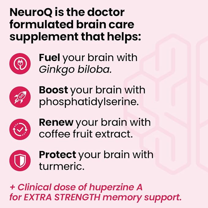 NeuroQ Memory & Focus Extra Strength - Boosts Cognitive Performance & Brain Function - Supports Neuroprotection & Concentration - Huperzine A, Gotu Kola, Ginkgo, Coffee Fruit & Propolis - 60 Capsules