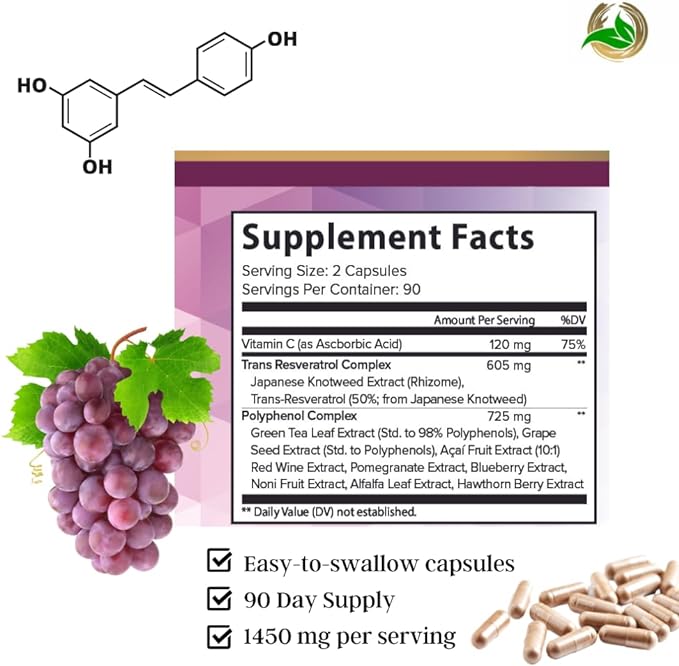 Resveratrol 1450mg Extra Strength Formula to Promote Better Skin and Immunity with Green Tea Extract,Grape Seed Extract,Red Wine Extract and Others 90 Days Supply