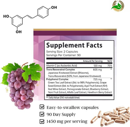 Resveratrol 1450mg Extra Strength Formula to Promote Better Skin and Immunity with Green Tea Extract,Grape Seed Extract,Red Wine Extract and Others 90 Days Supply