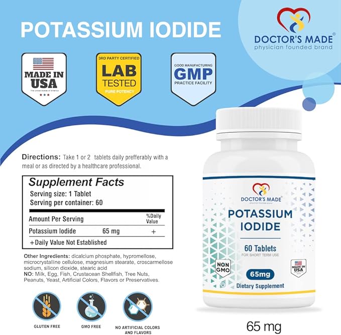 Doctor’s Made Potassium Iodide 65 mg. 60 Tablets. Thyroid Support, Kosher, Exp Date 04/2025, 60 Count (Pack of 1), Pack of 1