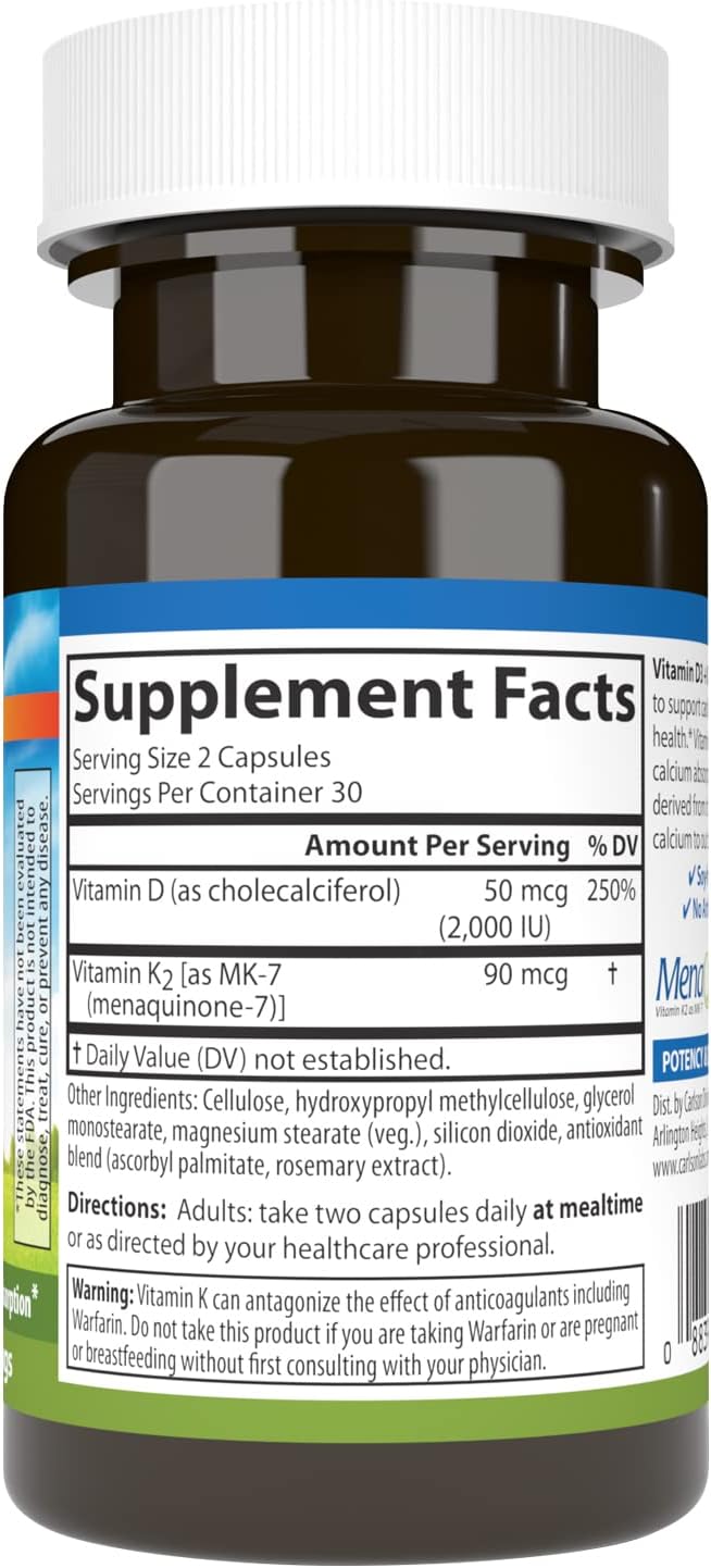 Carlson - Vitamin D3 + K2, 50 mcg (2000 IU) Vitamin D3 & 90 mcg Vitamin K2 as MK7, Bone Support, Calcium Absorption, 60 Capsules