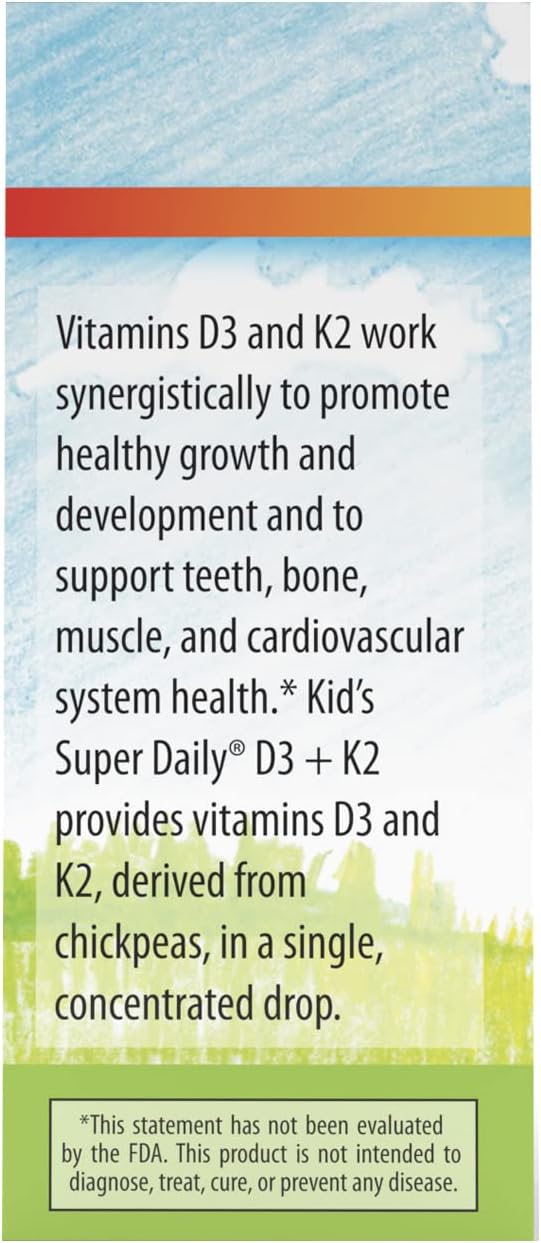 Carlson - Kid's Super Daily D3+K2, 25 mcg (1,000 IU) D3 & 22.5 mcg K2, Vitamin D Drops with Vitamin K2, Liquid Vitamins, 1000 IU Vitamin D3, Heart & Bone Health, 1-Year Supply, Unflavored, 360 Drops