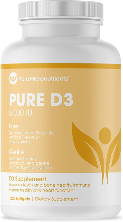 Pure Micronutrients Pure D3 – Vitamin D3 5000 IU, Natural Vitamin D Supplements (Cholecalciferol) - Immune Support, Healthy Muscle Function & Bone Health - 90 Mini Softgels