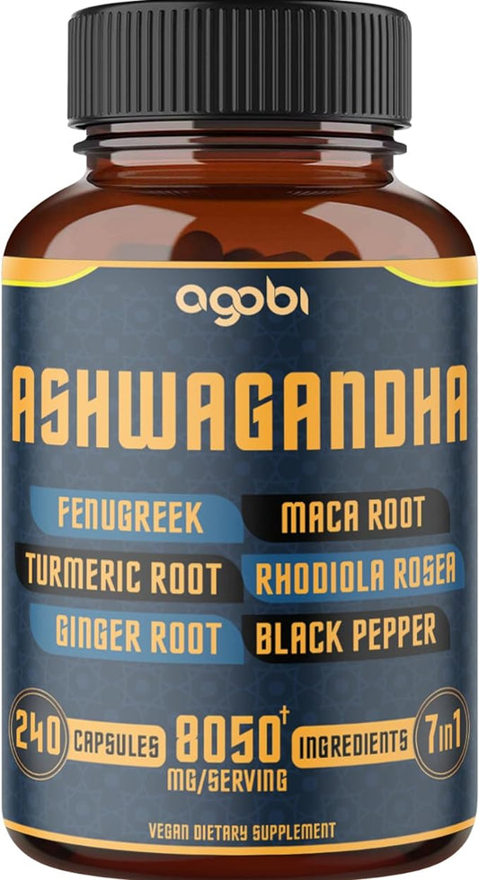 240 Capsules - 8 Month Supply - 7in1 Ashwagandha 8050mg - Combined with Fenugreek, Maca, Turmeric, Rhodiola, Ginger, and Black Pepper - Mood, Strength, Spirit and Energy Support Supplement