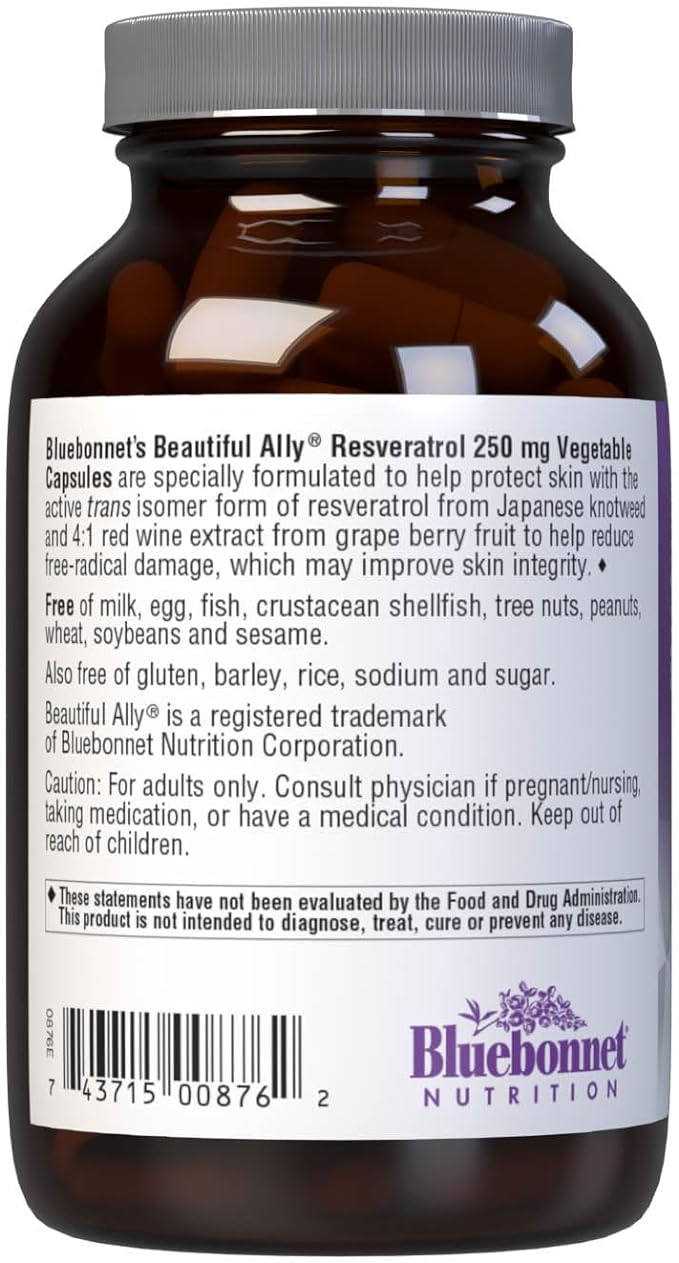 Bluebonnet Nutrition Beautiful Ally Resveratrol 250 mg, Protect Skin Integrity*, Non-GMO, Vegan, Gluten-Free, Soy-Free, Dairy-Free, 30 Vegetable Capsules, 30 Servings