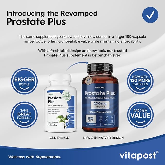 Prostate Plus Natural Prostate Care and Urinary Health Supplement for Men Enriched with Saw Palmetto, Vitamin B6, Vitamin E, Selenium and Zinc. 180 Capsules