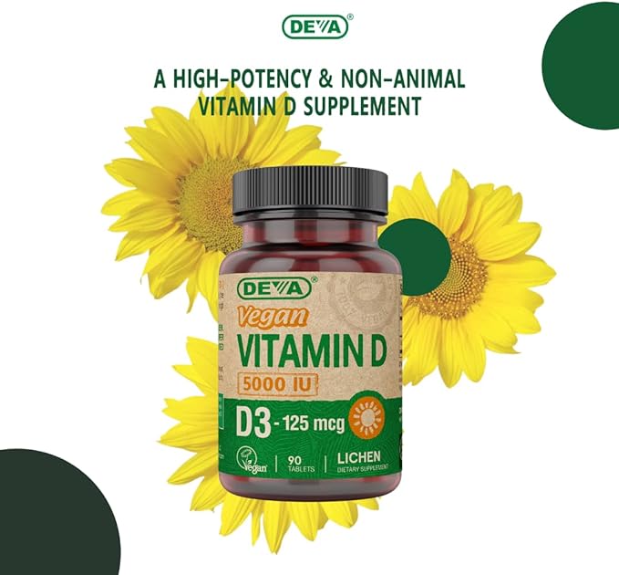 DEVA Vitamin D3 5000 IU, Sunshine Supplement, 125 mcg of Vegan D3, 90-Count Bottle (Pack of 2)