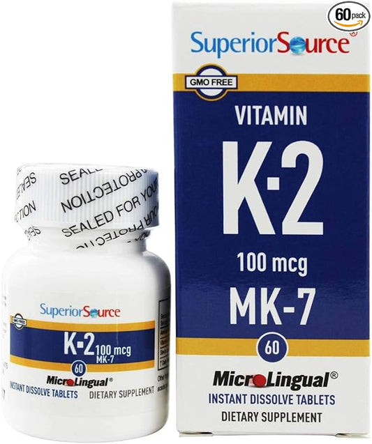 Superior Source Vitamin K2 MK-7 (Menaquinone-7), 100 mcg, Quick Dissolve MicroLignual Tablets, 60 Count, Healthy Bones and Arteries, Immune & Cardiovascular Support, Non-GMO