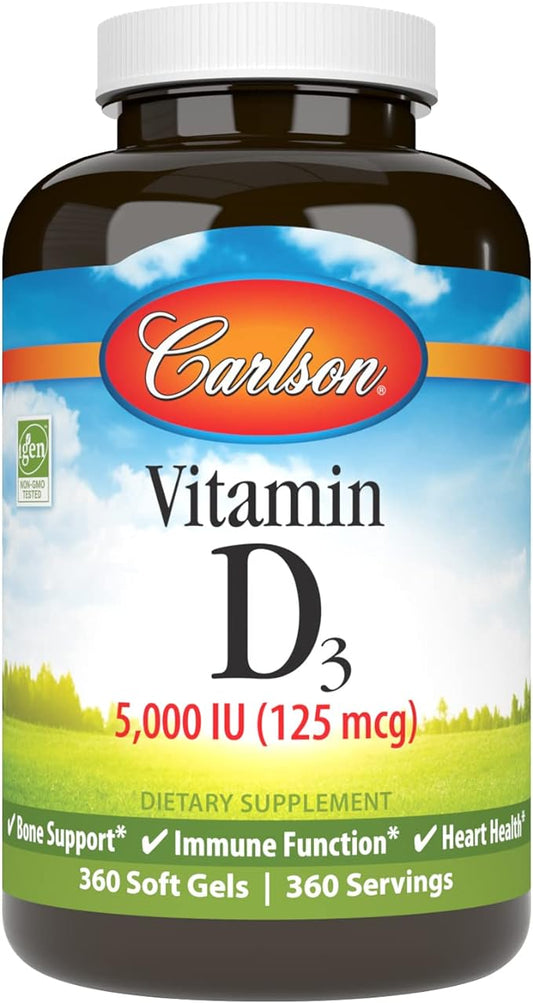 Carlson - Vitamin D3 5000 IU (125 mcg), Bone Health, Muscle Health, Cholecalciferol, Vitamin D Supplements, Vitamin D3 Soft Gels, 360 Softgels