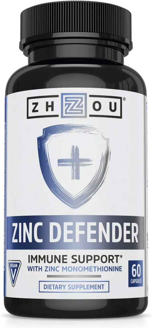 Zhou Nutrition Zinc Defender Capsules | Immune Support with Zinc Monomethionine | Gluten Free Zinc Supplement for Immune Support | 60 Capsules