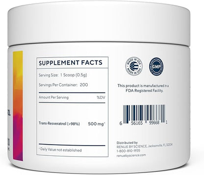 Pure Trans Resveratrol Powder - 100 Grams, 200 Day Supply - Supports Longevity, DNA Repair, Cellular Function, and Healthy Metabolism - Research Backed and Third-Party Tested