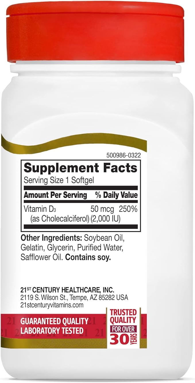 21st Century D3 2000 IU Softgels, 250 Count