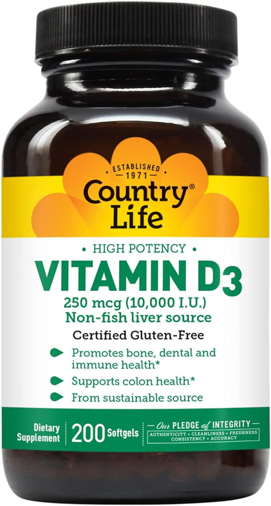 Country Life Vitamin D3, High Potency, Non-Fish, 10,000 IU, 200 Softgels, Certified Gluten Free