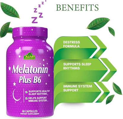 ALFA VITAMINS Melatonin Plus B-6 Supplement with 5MG Sleep Cycle Regulator - Cardiovascular Health - Immune System - 60 Capsules