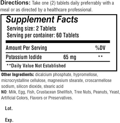 Safrel Potassium Iodide 65 mg Tablets, Adults and Kids | Thyroid Support | Made in USA | Non-GMO Verified | Ki Pills Potassium Iodine Tablets - YODO Naciente (60 Count (Pack of 1))