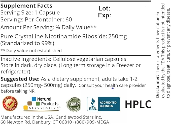 Mega Resveratrol Nicotinamide Riboside (NR). 99% Standardized Micronized Crystallized NR, 60 Veggie Caps, 250mg per Capsule. Purity Certified. NO Toxic “inactive” Ingredients. Keto, Vegan, Non-GMO.