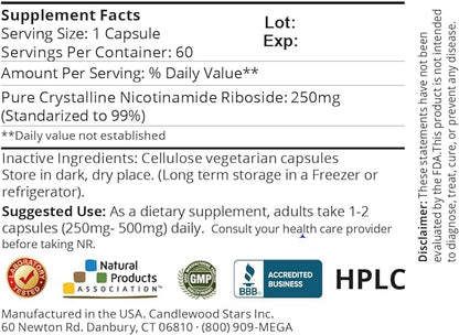 Mega Resveratrol Nicotinamide Riboside (NR). 99% Standardized Micronized Crystallized NR, 60 Veggie Caps, 250mg per Capsule. Purity Certified. NO Toxic “inactive” Ingredients. Keto, Vegan, Non-GMO.