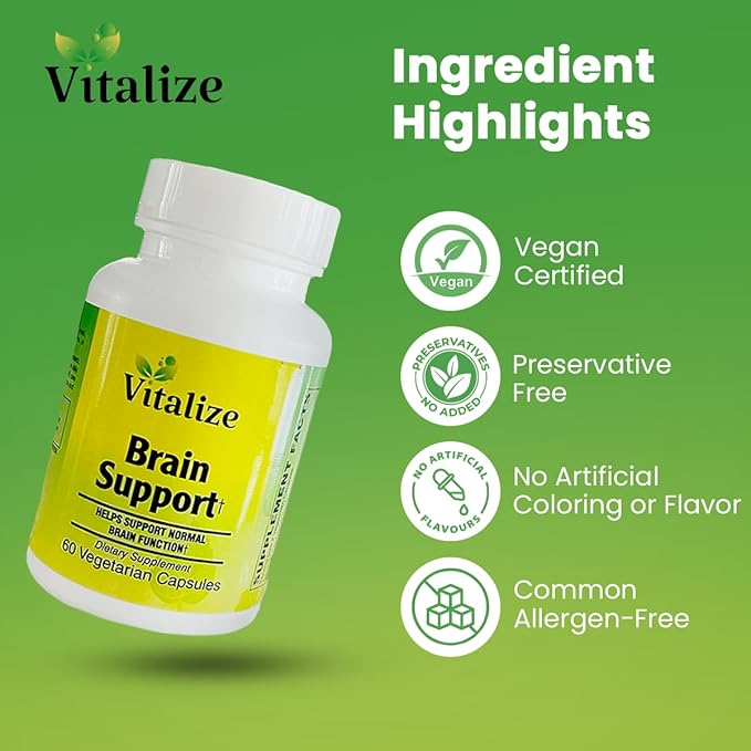 Brain Support | Brain Supplements for Memory and Focus | Helps Support Normal Brain & Cognitive Function | Contain Phosphatidylserine | Vegetarian Capsules | 60 Veggie Capsules per Bottle