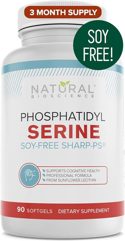 Soy Free Phosphatidylserine 100mg - Phosphatidylserine Supplement from Sunflower Lecithin, Patented Sharp PS100, Brain Health, Memory Aid, Cortisol Control, Mental Sharpness, Non GMO, 90 Softgels