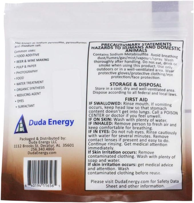 Duda Energy meta01 Sodium Metabisulfite Food Grade/Photo Grade 98.6+% Purity White Granular Solid Crystals, 1 lb.