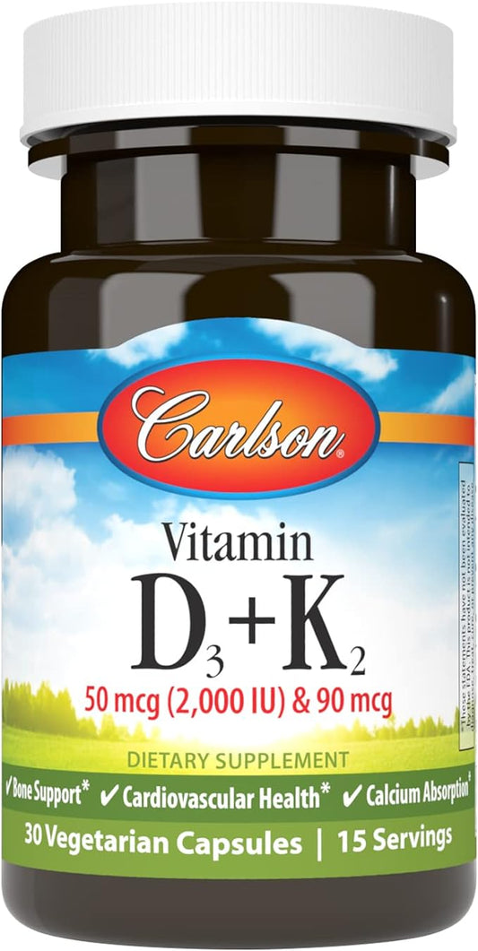 Carlson - Vitamin D3 + K2, 50 mcg (2000 IU) Vitamin D3 & 90 mcg Vitamin K2 as MK7, Bone Support, Calcium Absorption, 30 Capsules