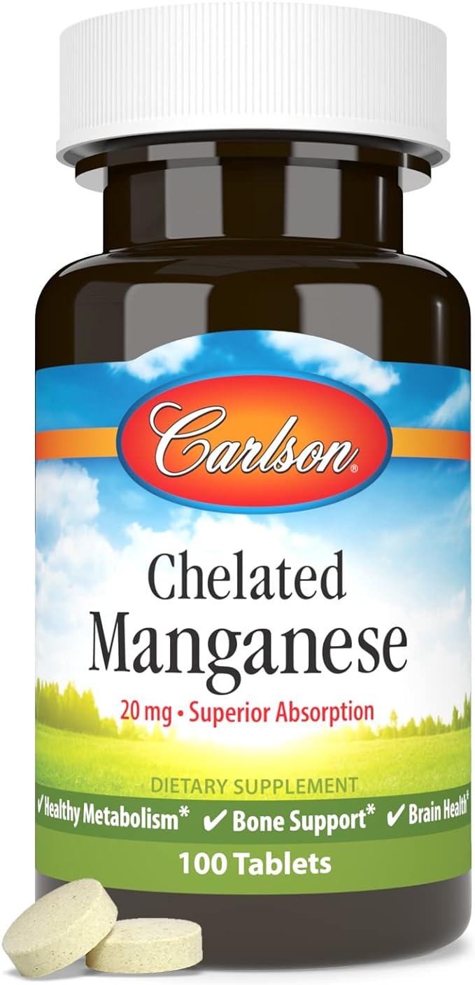 Carlson - Chelated Manganese, 20 mg, Superior Absorption, Healthy Metabolism, Bone Support & Brain Health, 100 Tablets