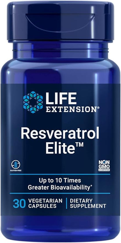 Life Extension Resveratrol Elite, Trans-resveratrol, Healthy Aging, Cardiovascular Health, Brain Health, oxidative Stress, Gluten-Free, Non-GMO, Vegetarian, 30 Capsules