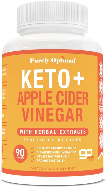 Purely Optimal Premium Keto+Apple Cider Vinegar Pills - w/Garcinia Cambogia, Keto Bhb Exogenous Ketones - 90 Capsules