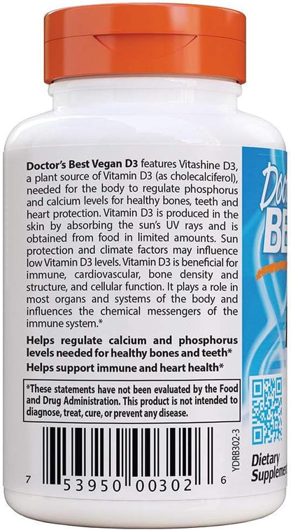 Doctor's Best Vitamin D3 2500IU with Vitashine D3, Non-GMO, Vegan, Gluten & Soy Free, Regulates Immune Function, Supports Healthy Bones, 60 Count