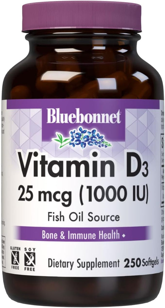 Bluebonnet Nutrition Vitamin D3 1000 IU Softgels, Aids in Muscle and Skeletal Growth, Cholecalciferol from Fish Oil, Non GMO, Gluten Free, Soy Free, Dairy Free, 250 Softgels