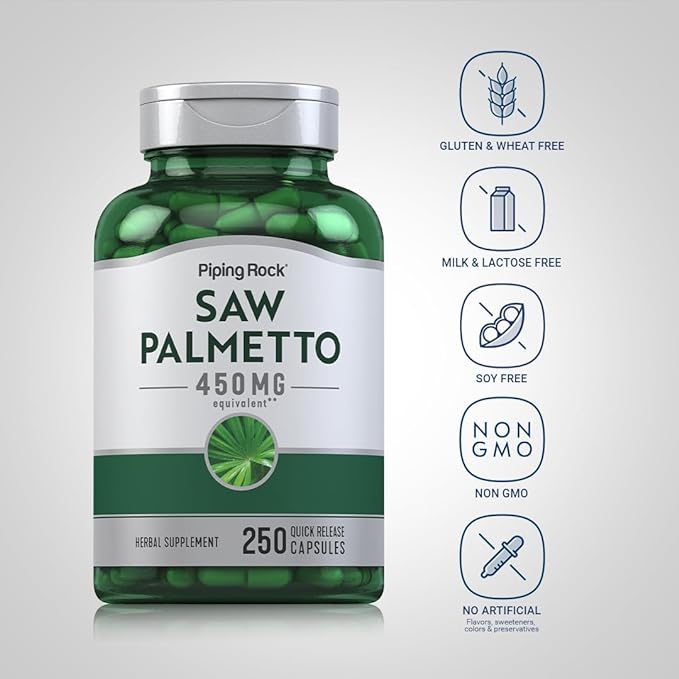 Piping Rock Saw Palmetto 450mg | 250 Capsules | Extract Supplement | Non-GMO, Gluten Free