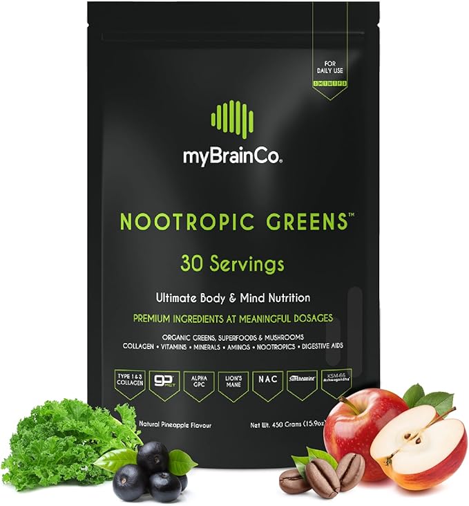 myBrainCo Nootropic Greens Superfood Powder - Daily Greens Powder with High Potency Nootropic Mushroom Extracts, Superfoods, Collagen & Adaptogens - Support Brain, Immune & Digestive Health (450g)