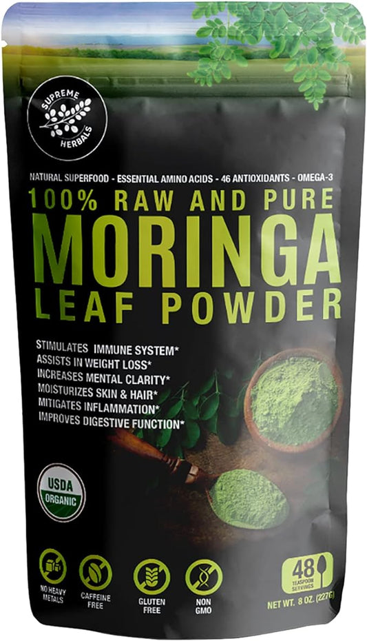 100% Raw and Pure Moringa Leaf Powder. Organic Certified Moringa Leaf. Natural Superfood with Essential Amino Acids, Antioxidants, and Omega 3, 8 oz Resealable Bag.