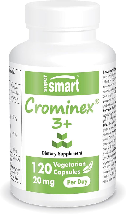 SuperSmart - Crominex 3+ 20mg per Day (Patented & High Bioavailability) - Advanced Formula with Polyphenol, Fulvic Acid - Chromium Supplement | Non-GMO & Gluten Free - 120 Vegetarian Capsules