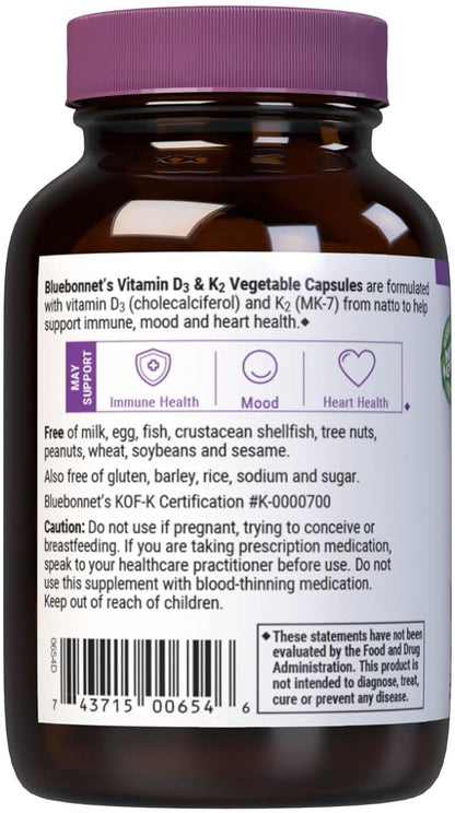 Bluebonnet Nutrition Vitamin D3 & K2, Soy-Free, for Strong-Healthy Bones*, Gluten-Free, Non-GMO, Dairy-Free, Kosher Certified, Vegetarian, 60 Vegetable Capsules, 60 Servings