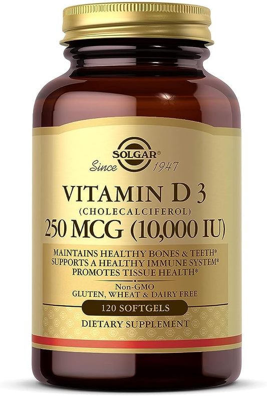 Solgar Vitamin D3 (Cholecalciferol) 250 MCG (10,000 IU), 120 Softgels - Helps Maintain Healthy Bones & Teeth - Immune System Support - Non GMO, Gluten/ Dairy Free - 120 Servings