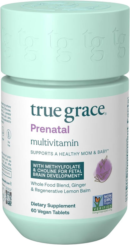 True Grace Prenatal Multivitamin - 60 Vegan Tablets - Supports a Healthy Mom & Baby with Methylfolate & Choline for Fetal Brain Development - Gluten Free, Soy Free - 30 Servings