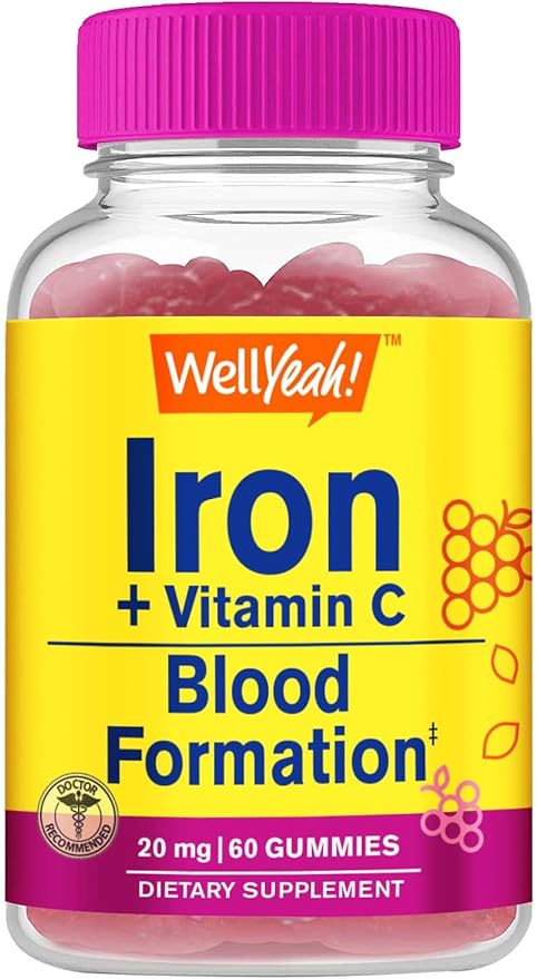 Iron Gummies with Vitamin C -Anemia and Cellular Energy Support, Promotes Red Blood Cell Formation - Energy & Immune System Support -Natural Grape Flavor-60 Gummies