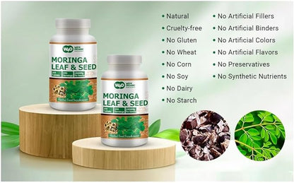 Moringa Oleifera Leaf and Seed Powder (80:20) Ratio 300 Pills(Tablets), 150 Servings, 1000 mg. Uncoated Malunggay Herbal Supplement, No Chemical Coating, Green Superfood. Pack of 2.