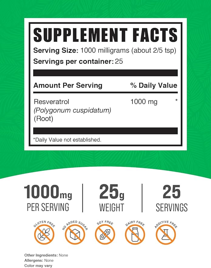 BulkSupplements.com Resveratrol Powder - Resveratrol Supplement, Polygonum Cuspidatum, Resveratrol 1000mg - Antioxidant & Gluten Free, 1000mg per Serving, 25g (0.88 oz) (Pack of 1)