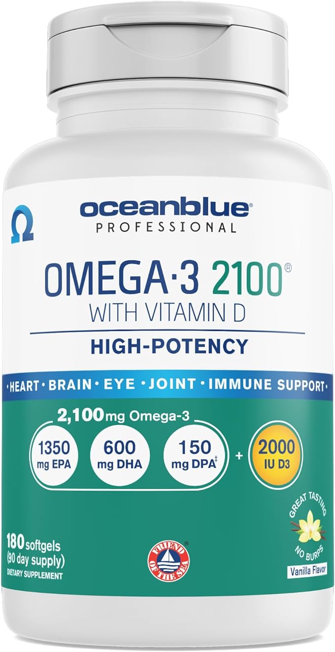 Oceanblue Professional Omega-3 2100 – 180 ct – Triple Strength Burpless Fish Oil Supplement with High-Potency EPA, DHA, DPA and Vitamin D3 – Wild-Caught – Vanilla Flavor (90 Servings)