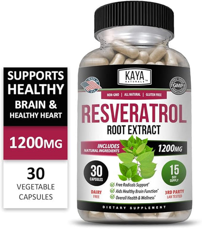 Kaya Naturals - Resveratrol Capsules - Anti Aging Supplement - Antioxidants with Brain Support - Maximum Benefits - 30 Veggies Capsules